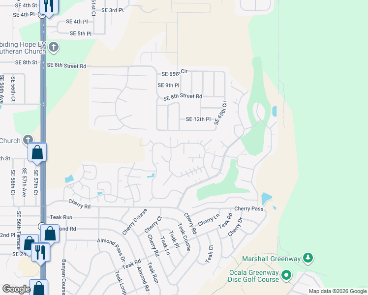 map of restaurants, bars, coffee shops, grocery stores, and more near 1503 Peach Tree Lane in Ocala