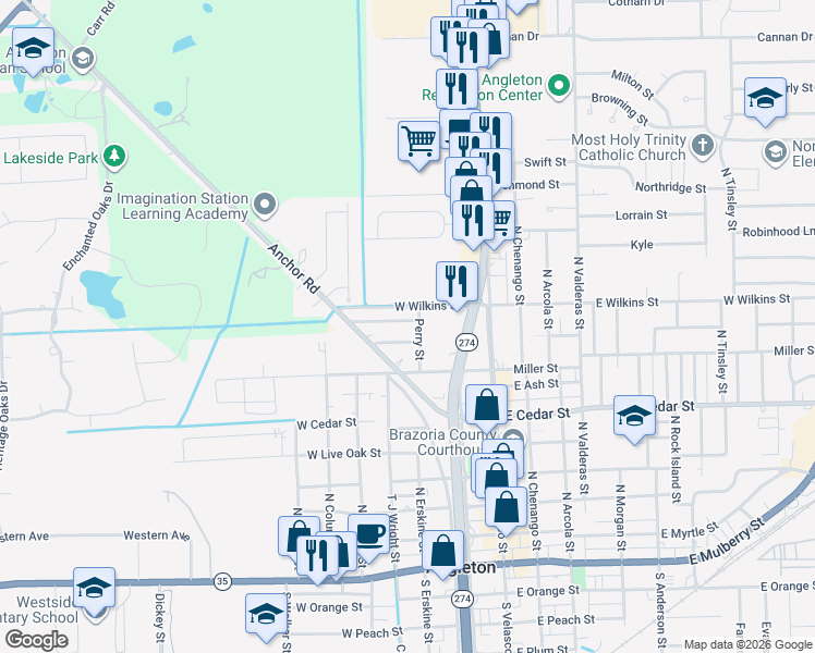 map of restaurants, bars, coffee shops, grocery stores, and more near 313 Angle Street in Angleton