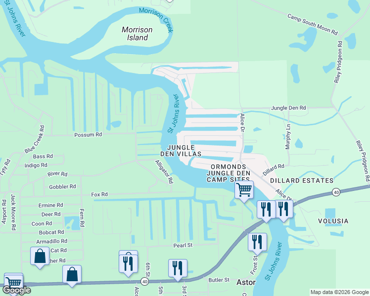 map of restaurants, bars, coffee shops, grocery stores, and more near 1640 Juno Trail in Astor