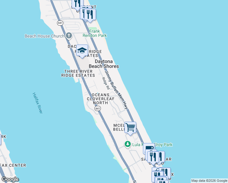 map of restaurants, bars, coffee shops, grocery stores, and more near 2920 Oceans Trace in Daytona Beach