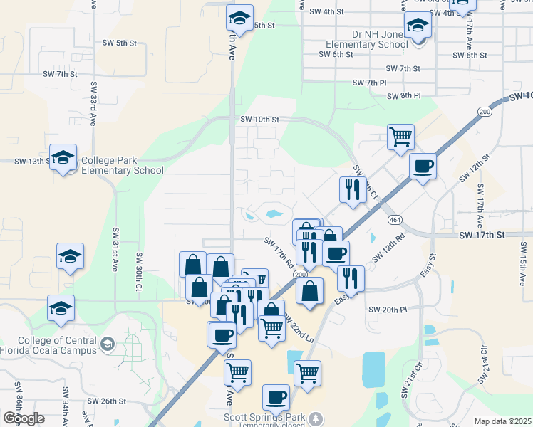 map of restaurants, bars, coffee shops, grocery stores, and more near 2401 Southwest 17th Road in Ocala