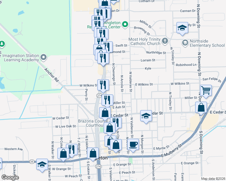 map of restaurants, bars, coffee shops, grocery stores, and more near 900 North Velasco Street in Angleton