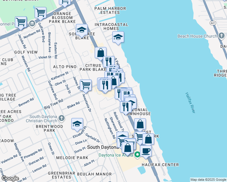 map of restaurants, bars, coffee shops, grocery stores, and more near 2050 South Ridgewood Avenue in South Daytona