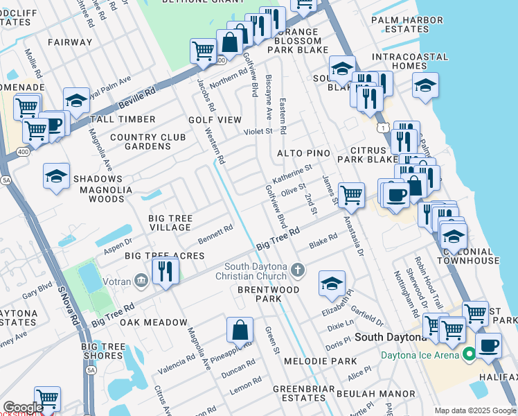 map of restaurants, bars, coffee shops, grocery stores, and more near 1864 Golfview Boulevard in South Daytona