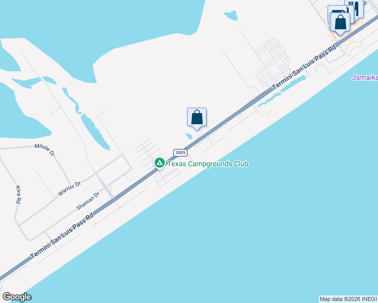 map of restaurants, bars, coffee shops, grocery stores, and more near 17729 Farm to Market Road 3005 in Galveston