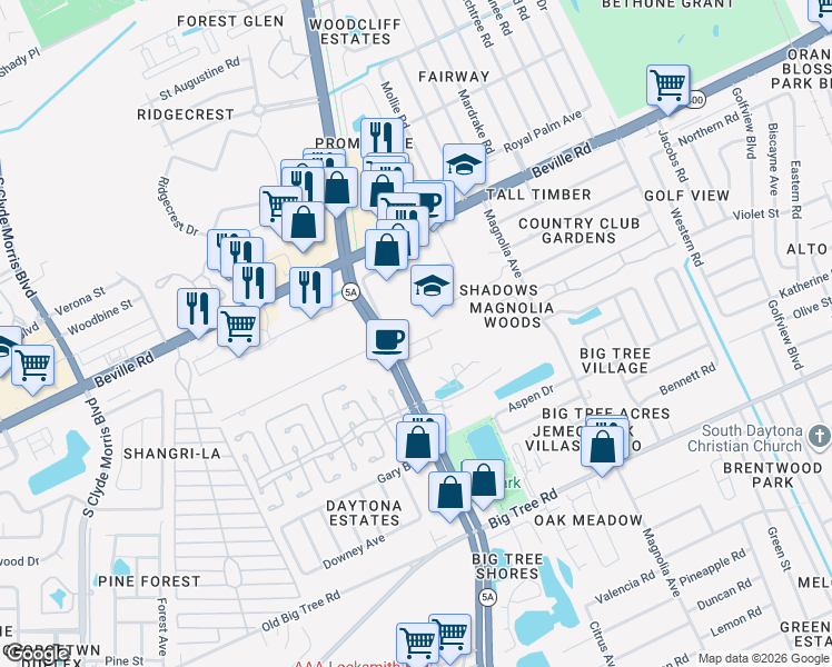 map of restaurants, bars, coffee shops, grocery stores, and more near 960 Rooster Road in South Daytona