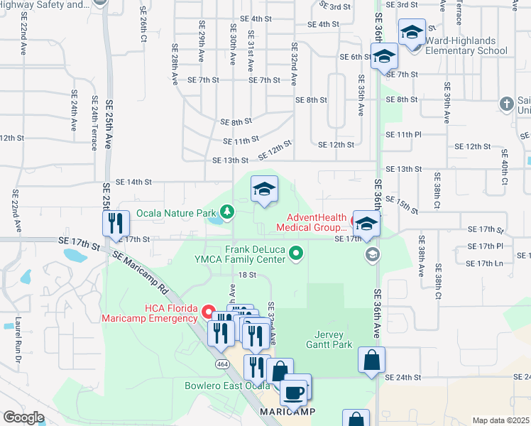 map of restaurants, bars, coffee shops, grocery stores, and more near 3143 Southeast 17th Street in Ocala