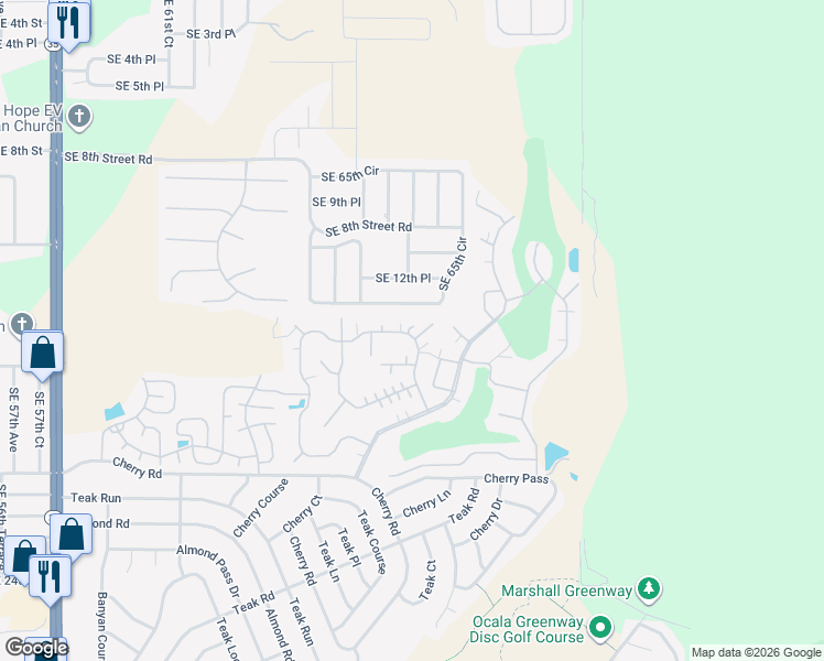 map of restaurants, bars, coffee shops, grocery stores, and more near 1203 Southeast 65th Circle in Ocala