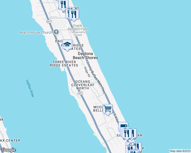 map of restaurants, bars, coffee shops, grocery stores, and more near 2847 South Atlantic Avenue in Daytona Beach