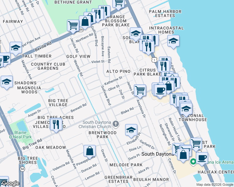 map of restaurants, bars, coffee shops, grocery stores, and more near 619 Olive Street in South Daytona