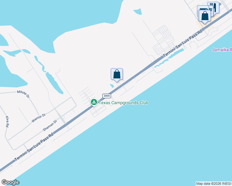 map of restaurants, bars, coffee shops, grocery stores, and more near 17729 Farm to Market Road 3005 in Galveston