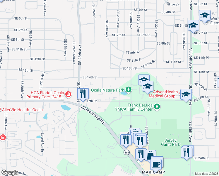 map of restaurants, bars, coffee shops, grocery stores, and more near 1505 Southeast 27th Terrace in Ocala