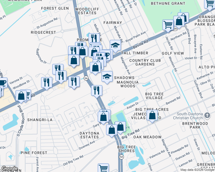 map of restaurants, bars, coffee shops, grocery stores, and more near 960 Rooster Road in South Daytona