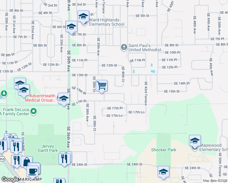 map of restaurants, bars, coffee shops, grocery stores, and more near 4002 Southeast 14th Place in Ocala