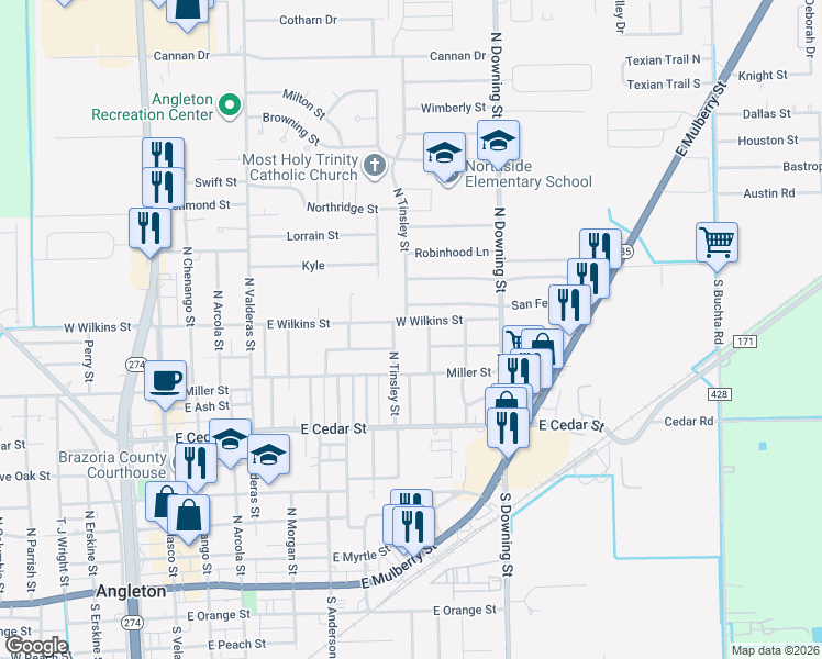 map of restaurants, bars, coffee shops, grocery stores, and more near 904 East Wilkins Street in Angleton