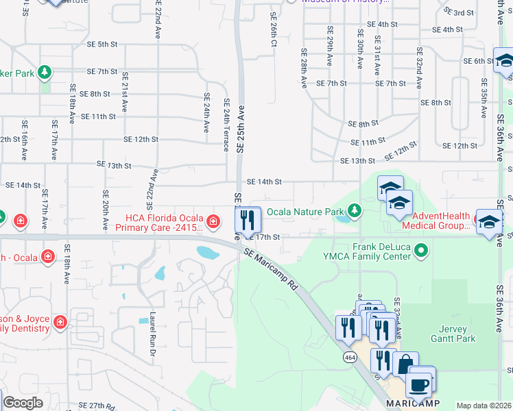 map of restaurants, bars, coffee shops, grocery stores, and more near 2523 Southeast 15th Street in Ocala