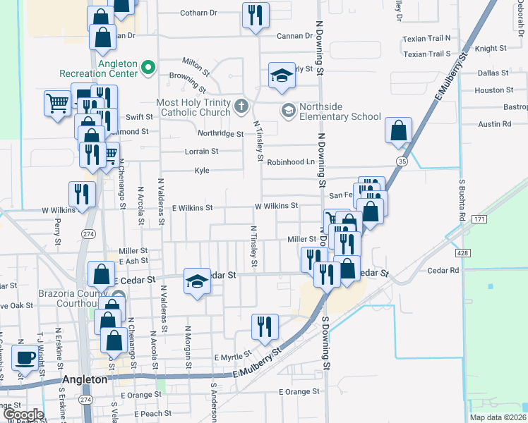 map of restaurants, bars, coffee shops, grocery stores, and more near 904 East Wilkins Street in Angleton