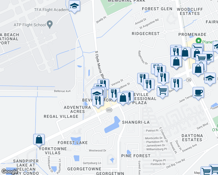 map of restaurants, bars, coffee shops, grocery stores, and more near 1378 Verona Street in Daytona Beach