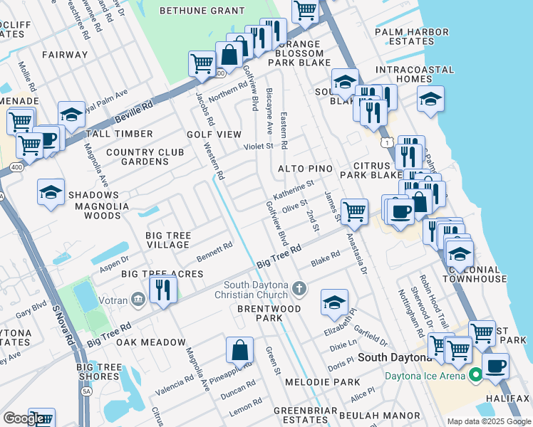 map of restaurants, bars, coffee shops, grocery stores, and more near 1864 Golfview Blvd in South Daytona
