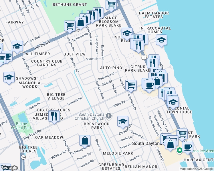 map of restaurants, bars, coffee shops, grocery stores, and more near 619 Olive Street in South Daytona