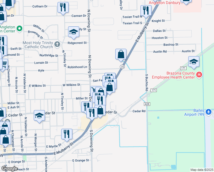 map of restaurants, bars, coffee shops, grocery stores, and more near 1401 East Mulberry Street in Angleton