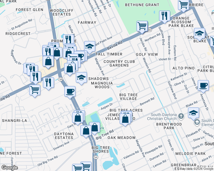 map of restaurants, bars, coffee shops, grocery stores, and more near 1714 Magnolia Avenue in South Daytona