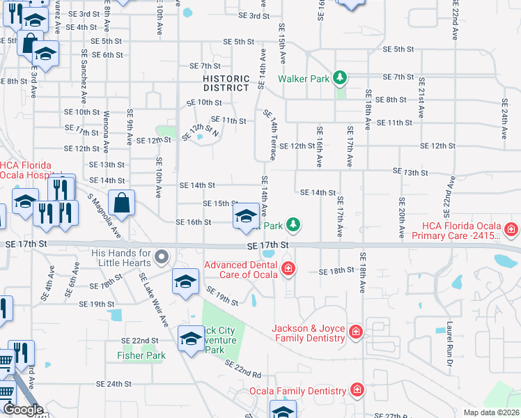 map of restaurants, bars, coffee shops, grocery stores, and more near 1342 Southeast 15th Street in Ocala