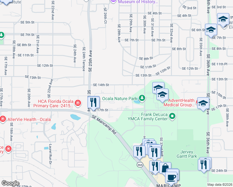 map of restaurants, bars, coffee shops, grocery stores, and more near 1505 Southeast 27th Terrace in Ocala