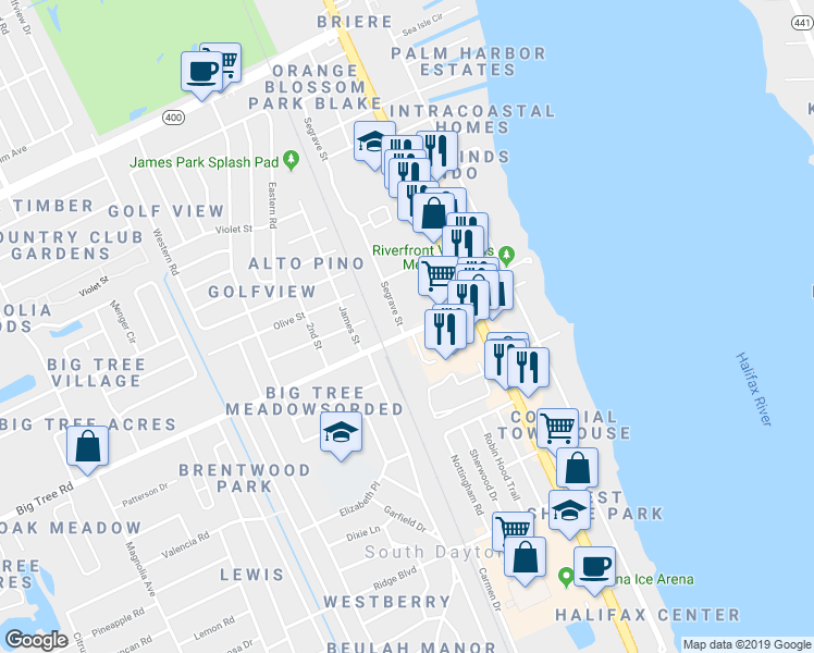 map of restaurants, bars, coffee shops, grocery stores, and more near 348 Big Tree Road in South Daytona