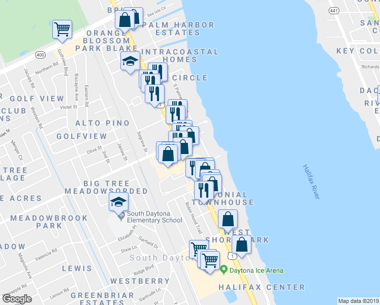 map of restaurants, bars, coffee shops, grocery stores, and more near 2051 South Ridgewood Avenue in South Daytona