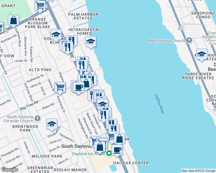 map of restaurants, bars, coffee shops, grocery stores, and more near 102 Mc Donald Street in South Daytona