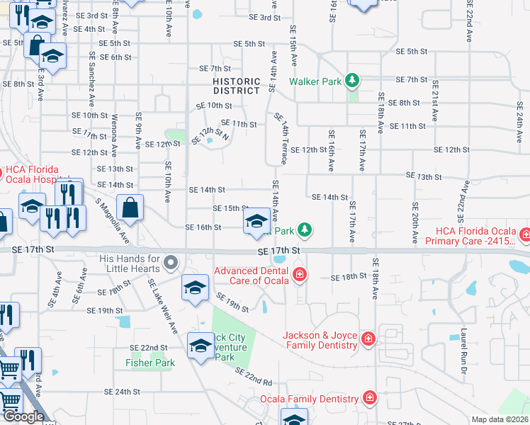 map of restaurants, bars, coffee shops, grocery stores, and more near 1342 Southeast 15th Street in Ocala
