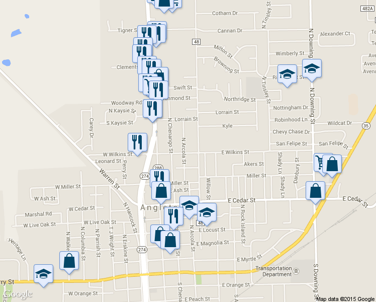 map of restaurants, bars, coffee shops, grocery stores, and more near 1002 N Arcola St in Angleton