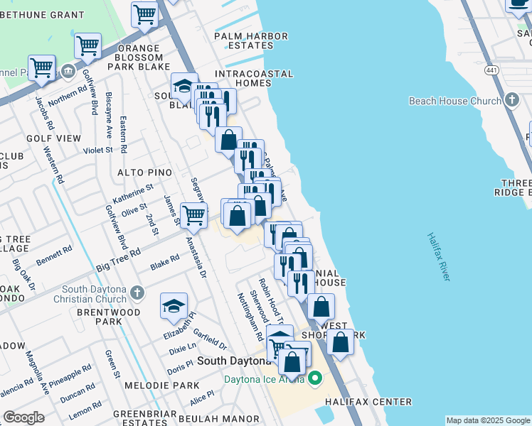 map of restaurants, bars, coffee shops, grocery stores, and more near 2035 U.S. 1 in South Daytona