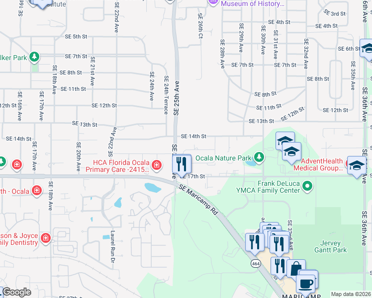 map of restaurants, bars, coffee shops, grocery stores, and more near 2523 Southeast 15th Street in Ocala