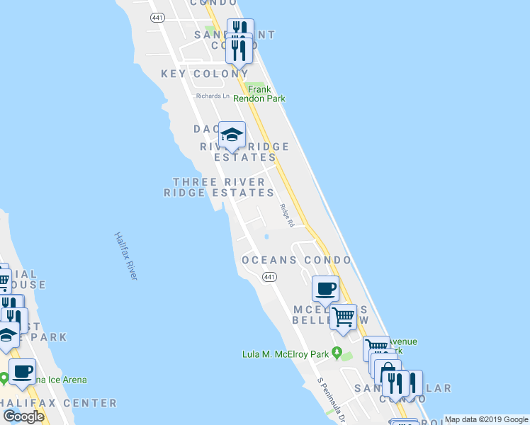 map of restaurants, bars, coffee shops, grocery stores, and more near 2827 Gladys Terrace in Daytona Beach