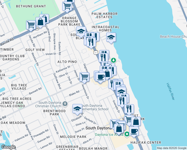 map of restaurants, bars, coffee shops, grocery stores, and more near 348 Big Tree Road in South Daytona