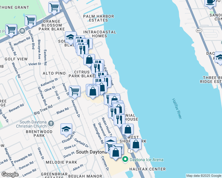 map of restaurants, bars, coffee shops, grocery stores, and more near 2006 South Palmetto Avenue in South Daytona