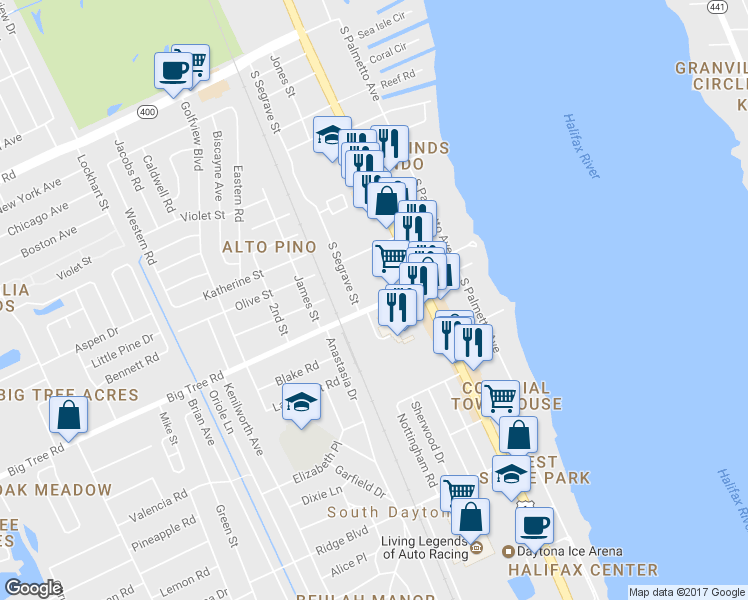 map of restaurants, bars, coffee shops, grocery stores, and more near 348 Big Tree Road in South Daytona
