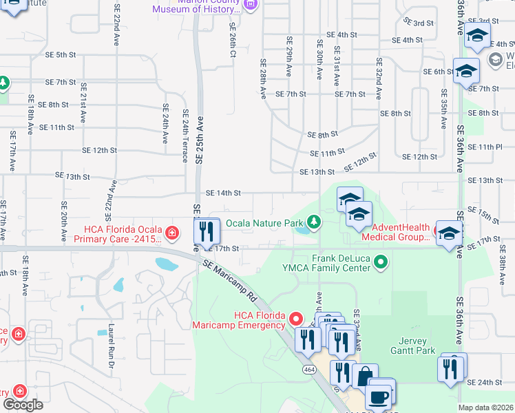 map of restaurants, bars, coffee shops, grocery stores, and more near 1425 Southeast 27th Terrace in Ocala