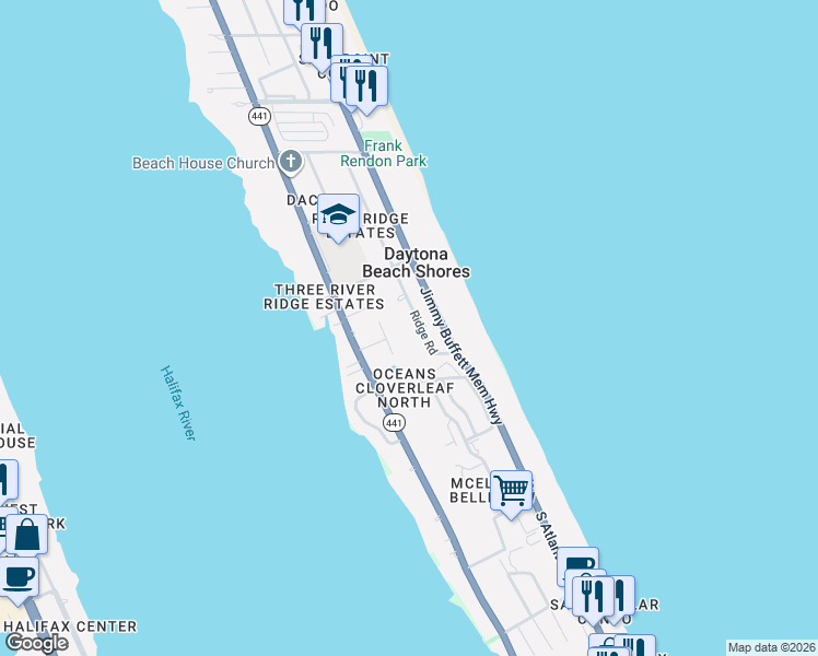 map of restaurants, bars, coffee shops, grocery stores, and more near 2827 Gladys Terrace in Daytona Beach