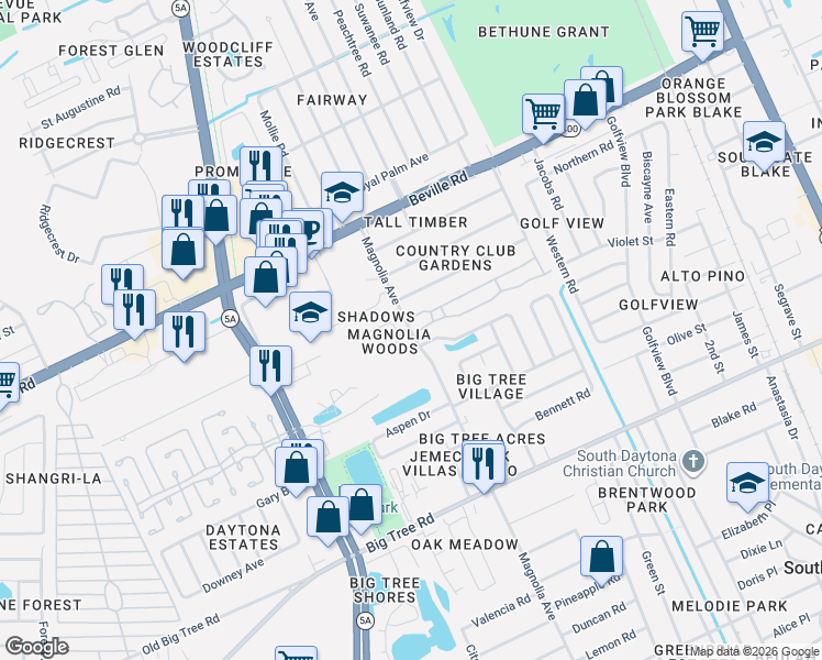 map of restaurants, bars, coffee shops, grocery stores, and more near 1714 Magnolia Avenue in South Daytona