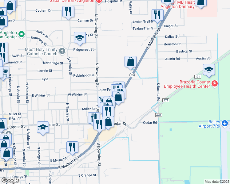 map of restaurants, bars, coffee shops, grocery stores, and more near 1401 East Mulberry Street in Angleton