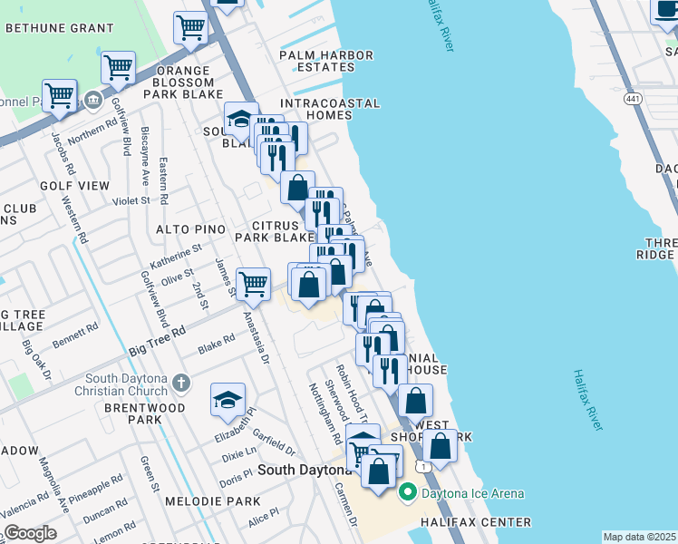 map of restaurants, bars, coffee shops, grocery stores, and more near in South Daytona
