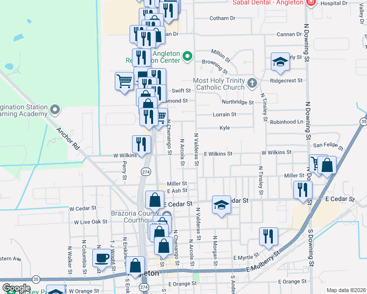 map of restaurants, bars, coffee shops, grocery stores, and more near 1014 North Arcola Street in Angleton