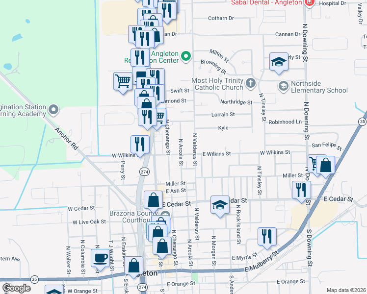 map of restaurants, bars, coffee shops, grocery stores, and more near 1002 North Arcola Street in Angleton