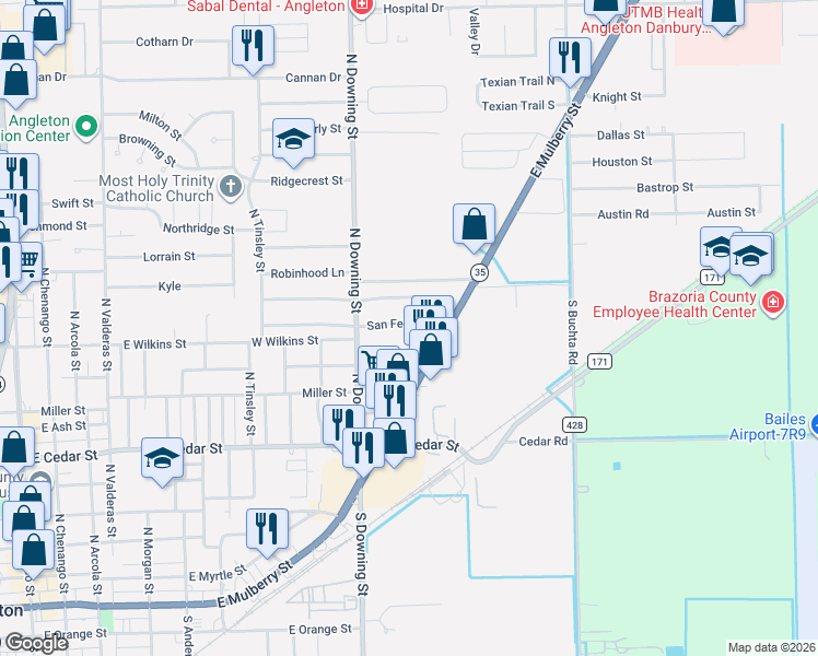 map of restaurants, bars, coffee shops, grocery stores, and more near 1240 San Felipe Street in Angleton