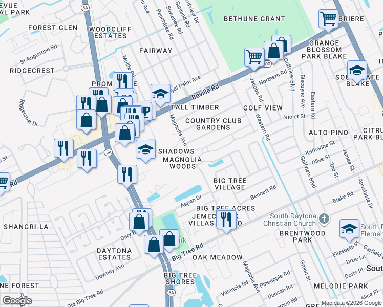 map of restaurants, bars, coffee shops, grocery stores, and more near 1714 Magnolia Avenue in South Daytona