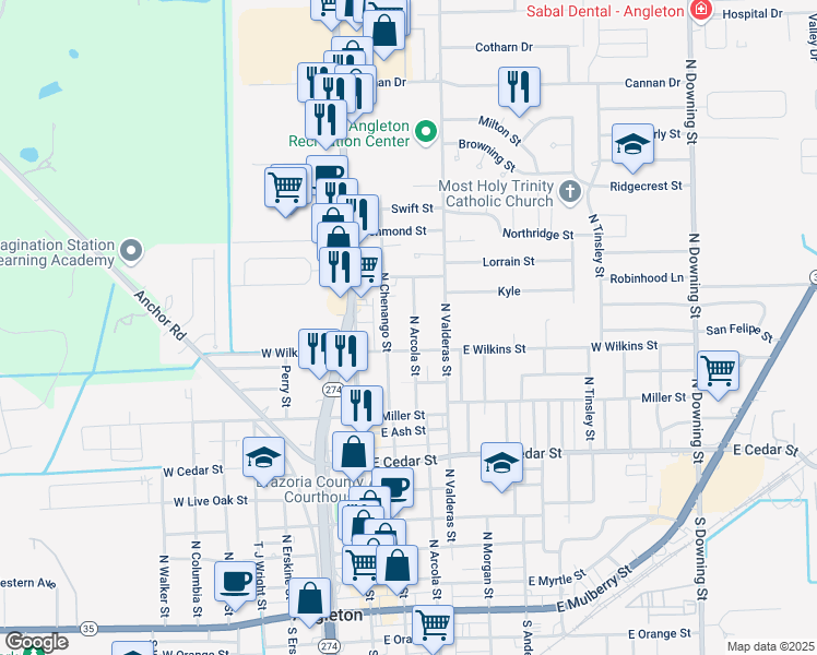 map of restaurants, bars, coffee shops, grocery stores, and more near 1015 North Arcola Street in Angleton