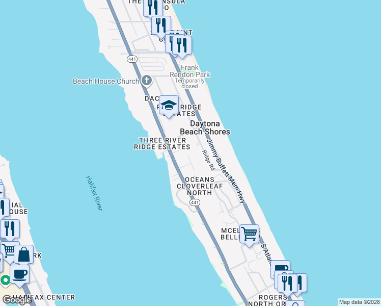 map of restaurants, bars, coffee shops, grocery stores, and more near 2810 Ridge Road in Daytona Beach